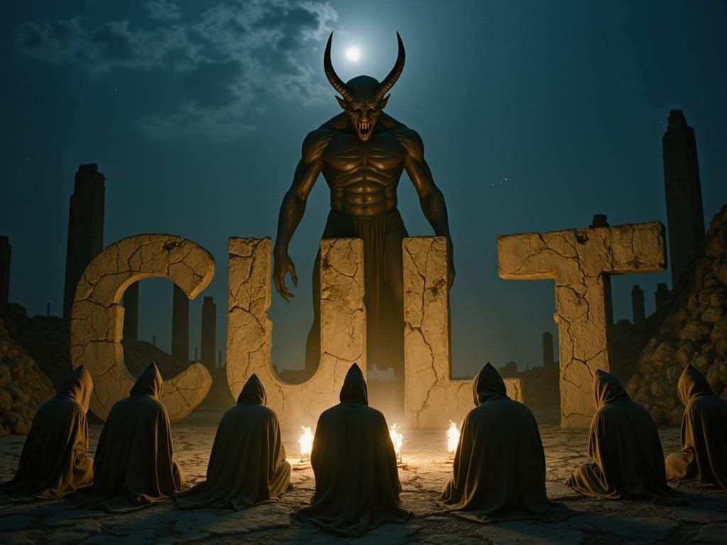 Photorealistic Cultists Worship Grotesque Demon