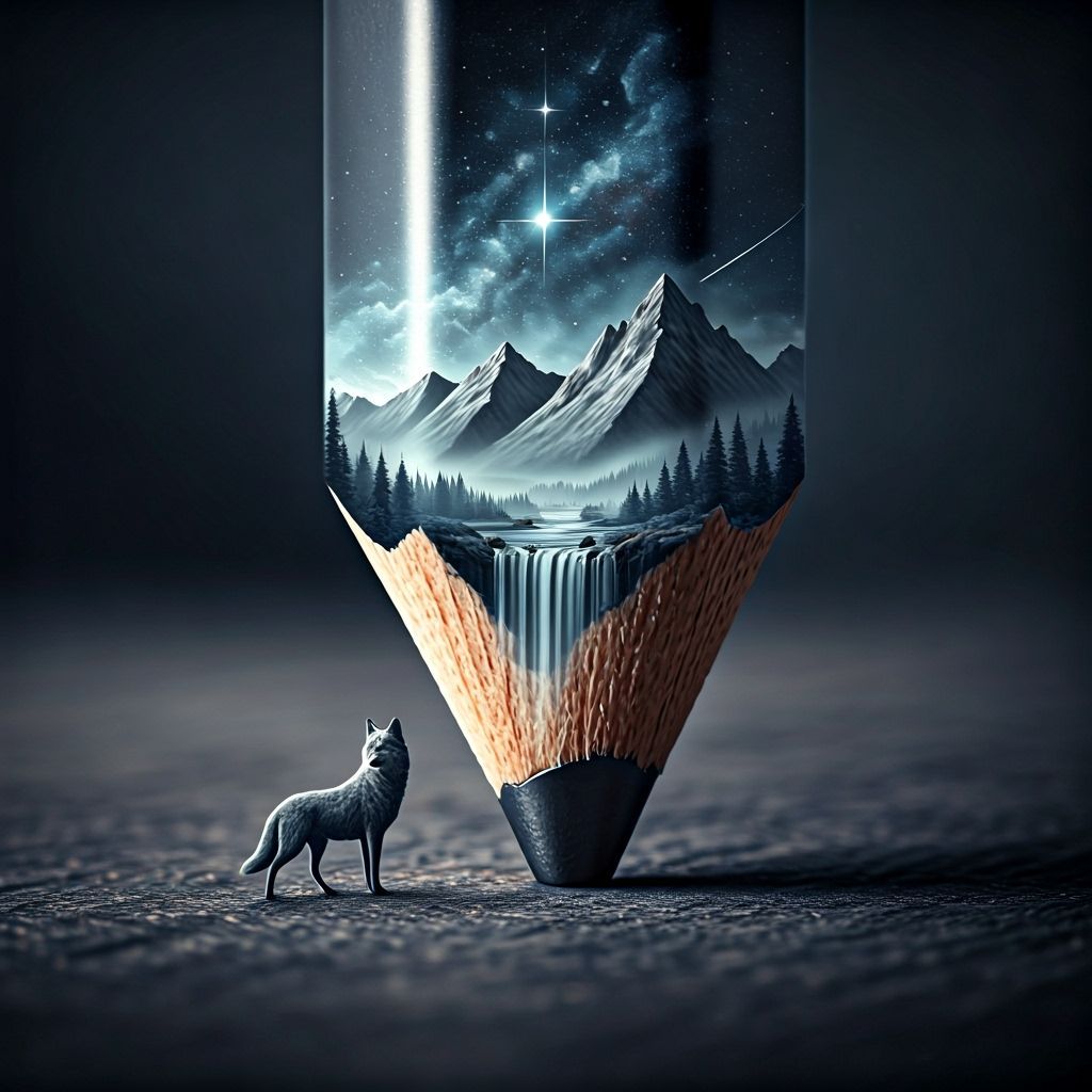 Graphite Pencil Tip Mountains and Waterfall