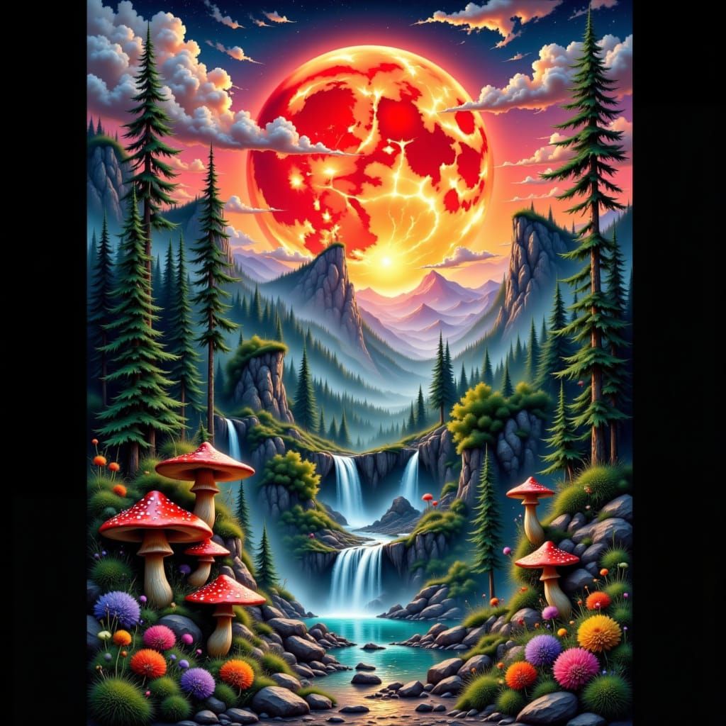 Surreal Red Moon Over Valley of Waterfalls