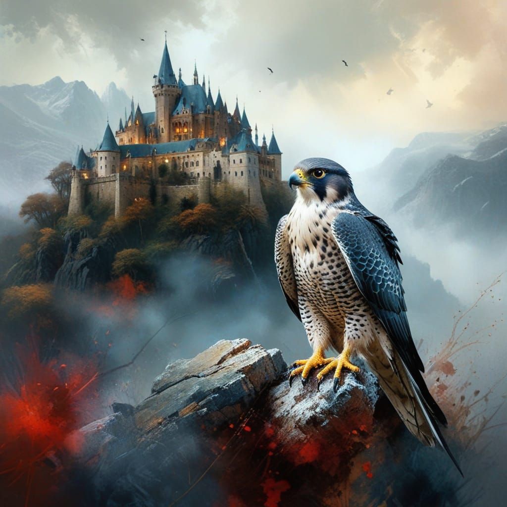 Majestic Peregrine Falcon Soars Above a Charming Castle in A...