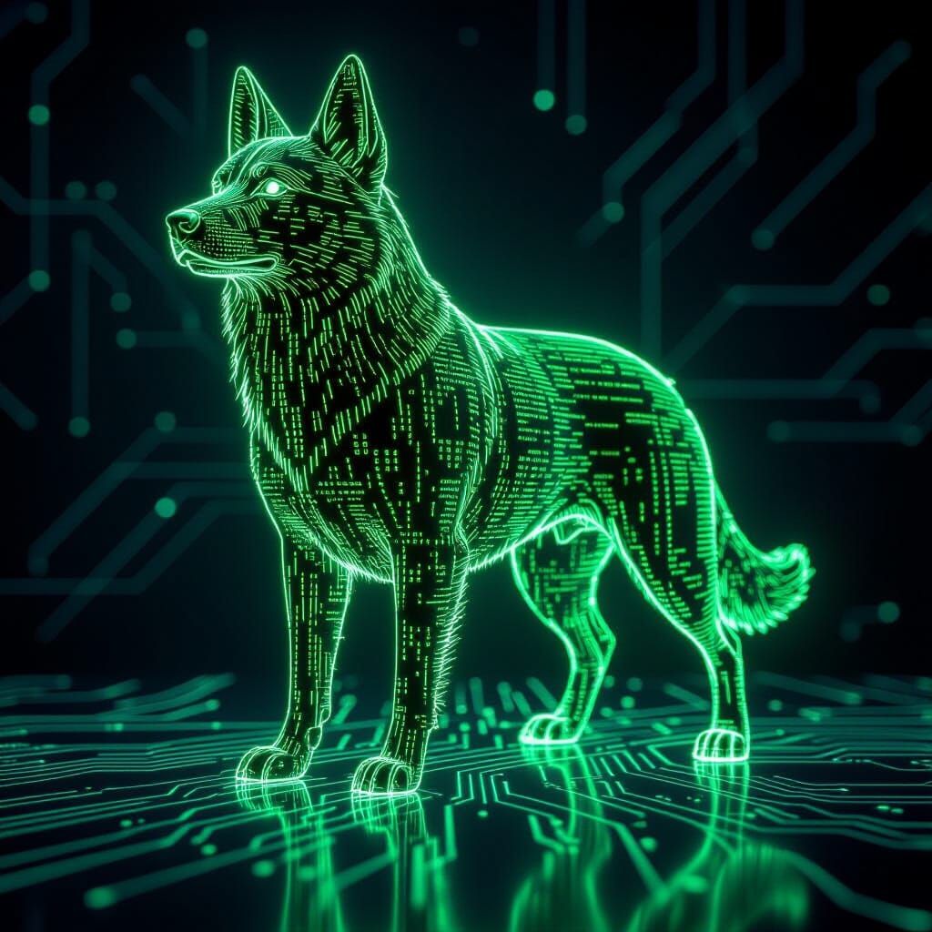 Realistic Dog Sculpture Made of Glowing Code