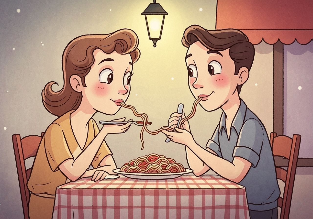 Retro Cartoon Romance: Spaghetti Dinner Scene