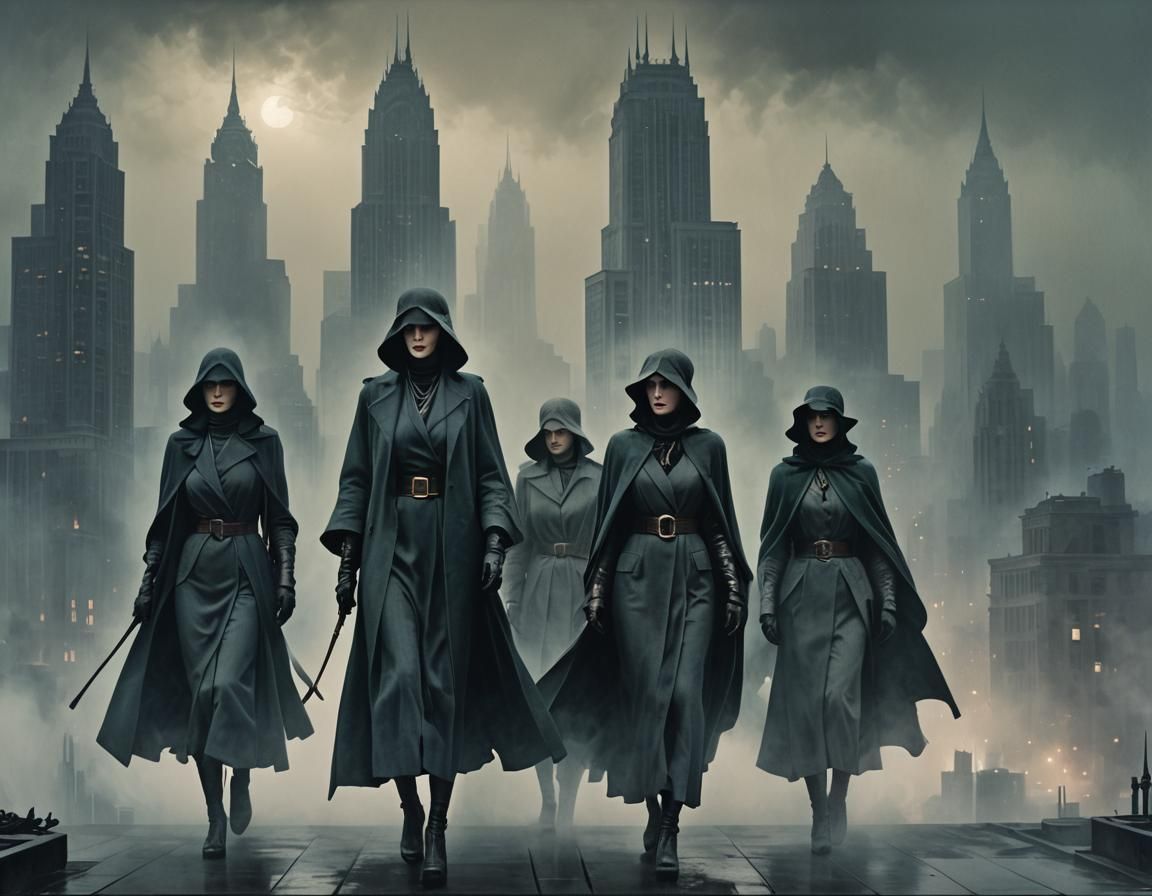 Dark Art Deco Ladies in Foggy Cityscape