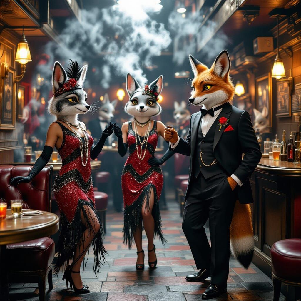 Anthropomorphic Animals Dancing in a Speakeasy, Street Art S...