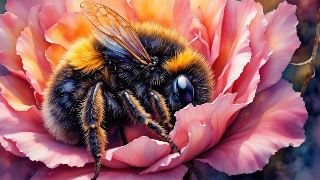 Sleeping Bumblebee in Rose, Hyperrealistic Watercolor