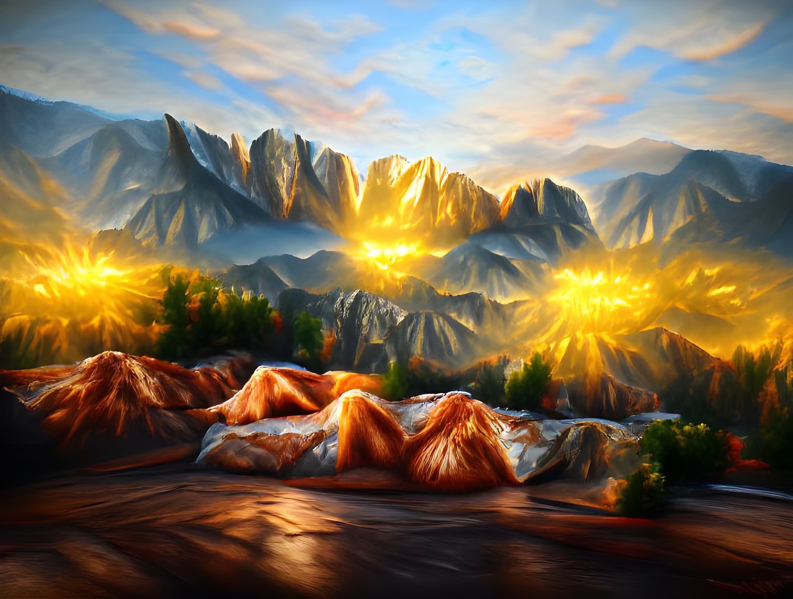 Majestic Mountain Sunrise: An Oil Painting in 8K