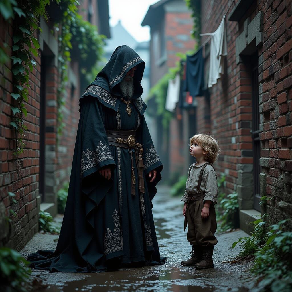 Dark Sorcerer and Child in Grimy Medieval Alley