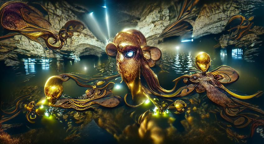 Golden Octopus in Cave: Holographic Art Nouveau