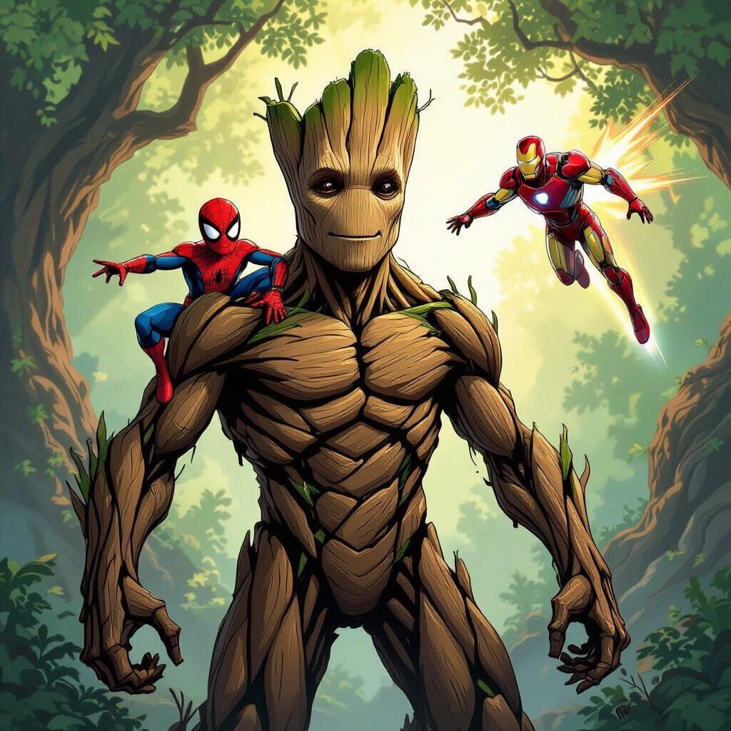 Groot, Spider-Man, and Iron Man in Forest