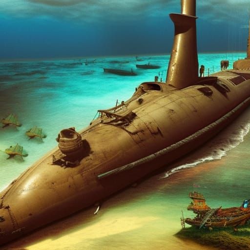 WWII Submarine Wreck on Tropical Island Beach