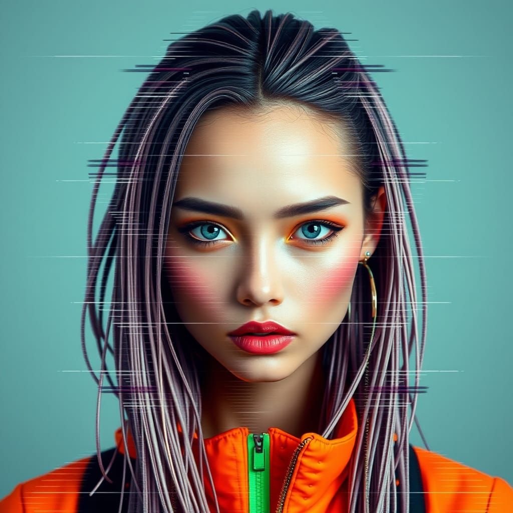 Cybernetic Android Glitch Portrait in Cyberpunk Style