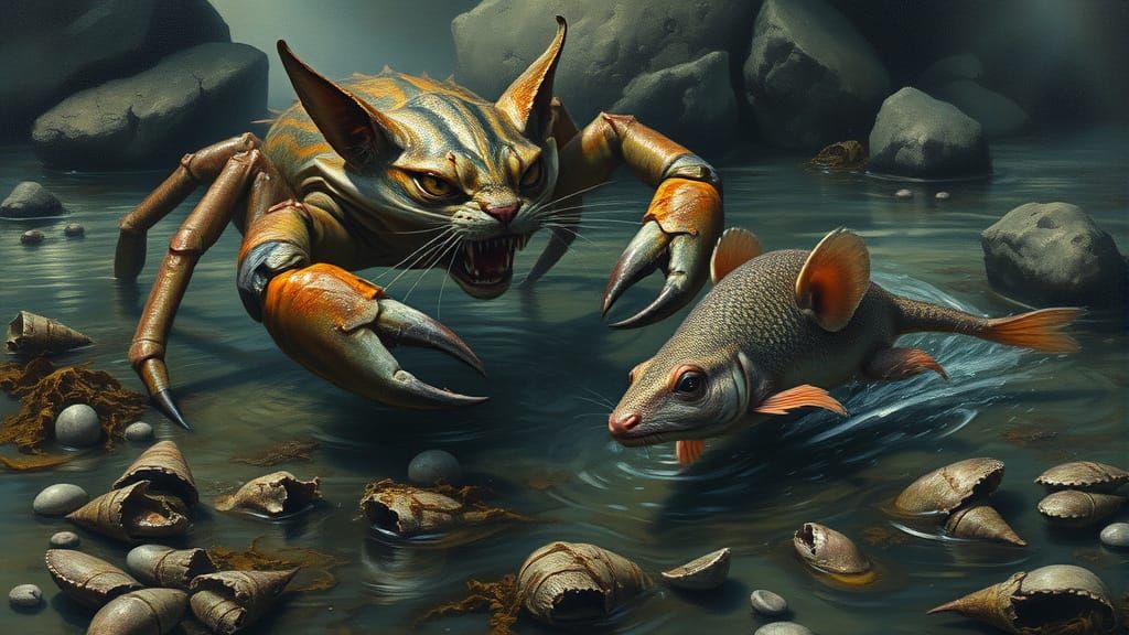 Surrealist Feline Crab Hunts Fish Mouse in Polluted Waters