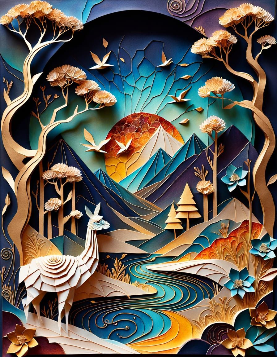 Alpaca and Duckling in Paper Worlds Landscape