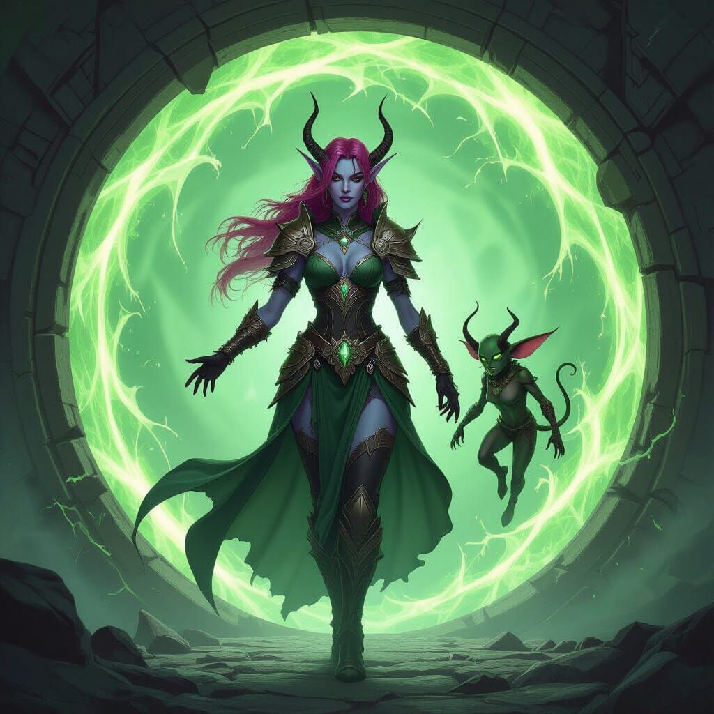 Rose-Hued Draenei Warlock Emerges From Portal With Imp
