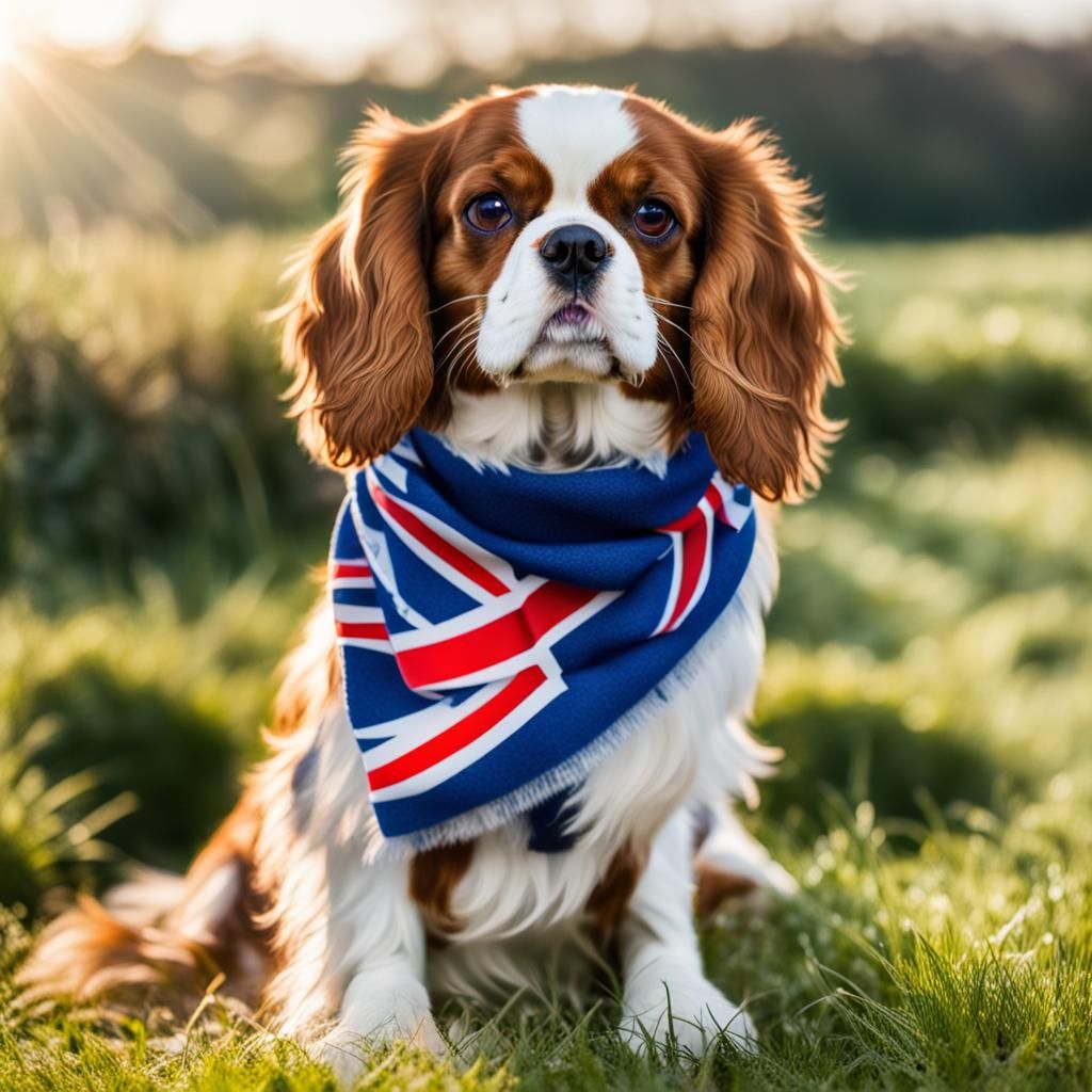 Cavalier King Charles Spaniel in UK Flag Scarf