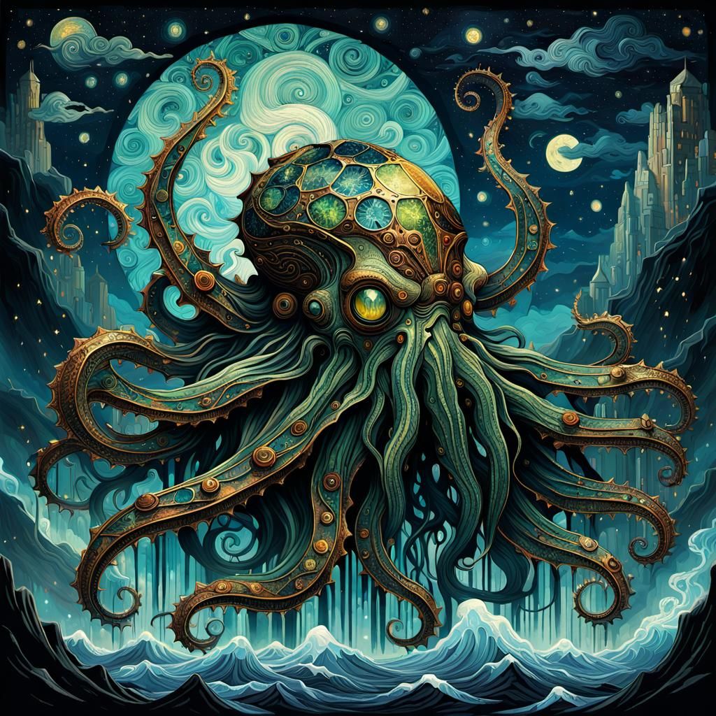 Steampunk Cthulhu with Starry Night Sky
