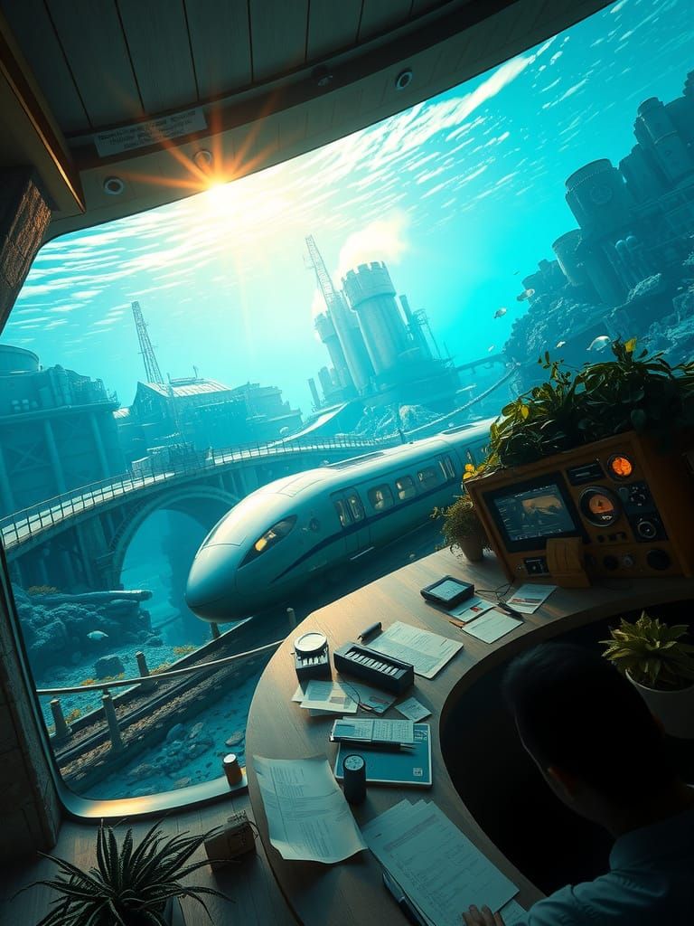 Underwater City Control Room in Retro-Futuristic Style