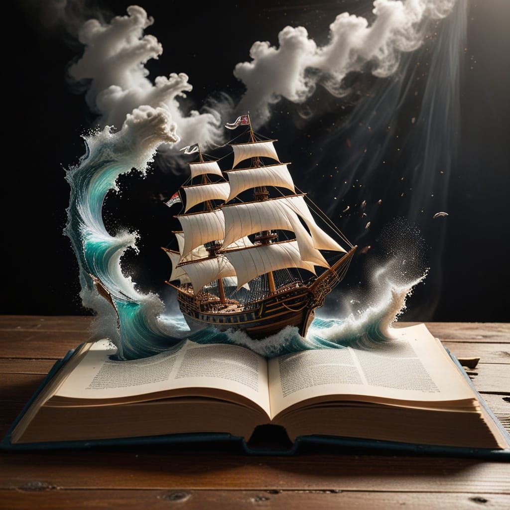 Pirate Ship Emerges from Open Book in Vivid 3D