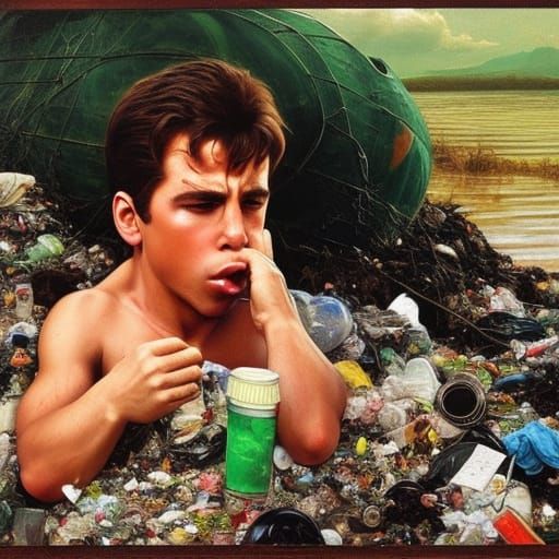 Disgusted Man in Garbage Dump: Photorealistic Rendering