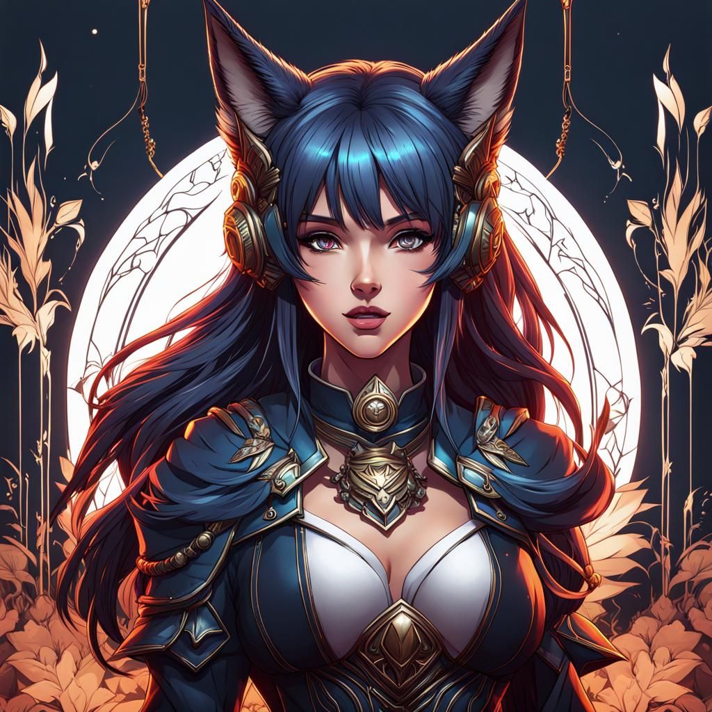 Anime Girl with Wolf Ears in Detailed Line Art