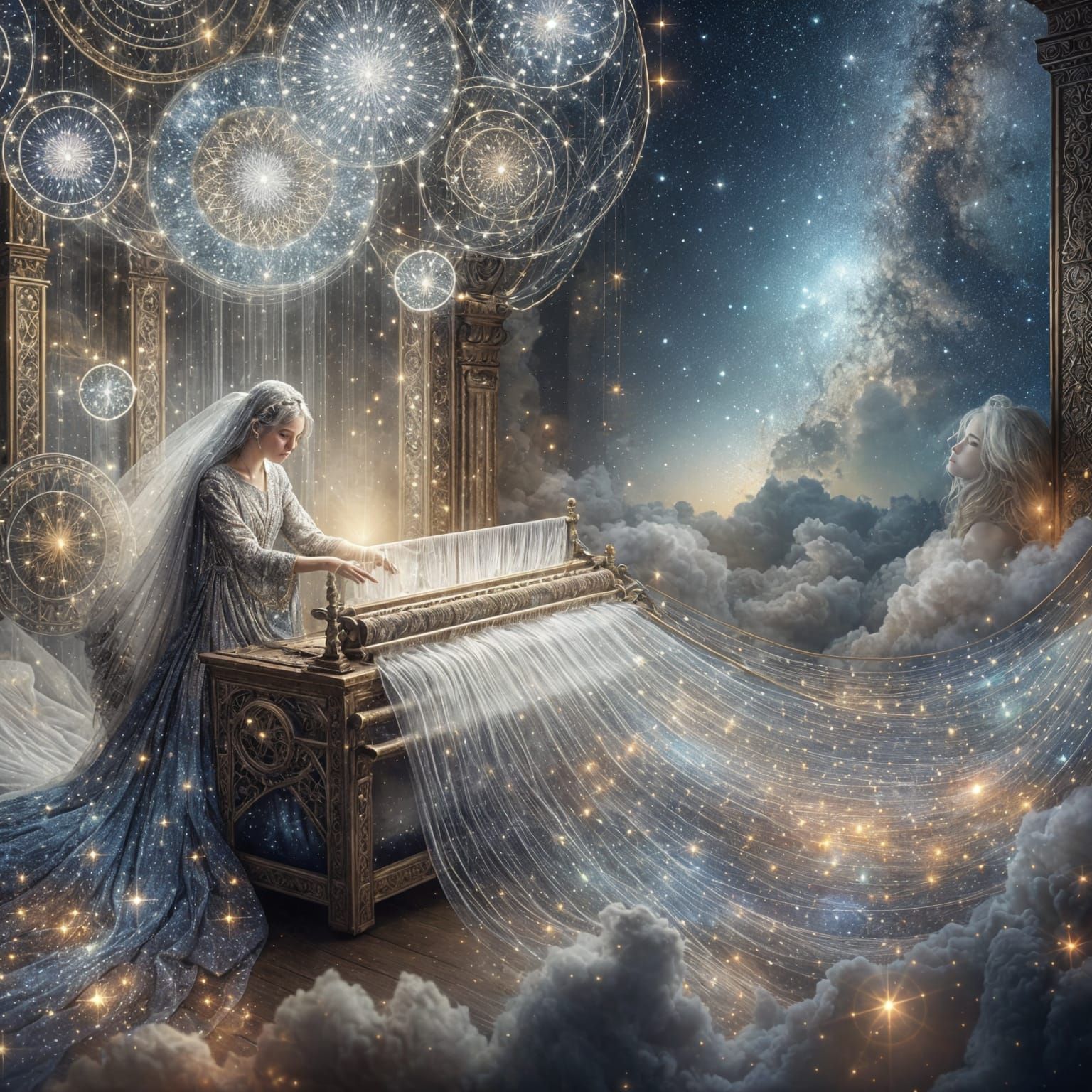 Celestial Weaver Tarot Card: Woman Weaving Constellations