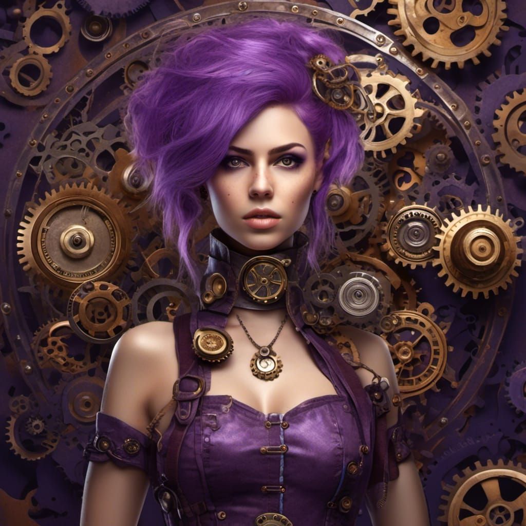 Steampunk Woman with Purple Hair, Hyperreal Style