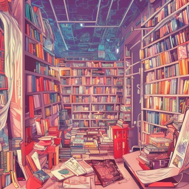 Cozy Cyberpunk Bookstore Illustration in Comic Book Style