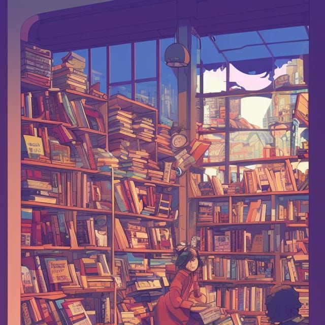 Cyberpunk Bookstore Illustration in Comic Book Style