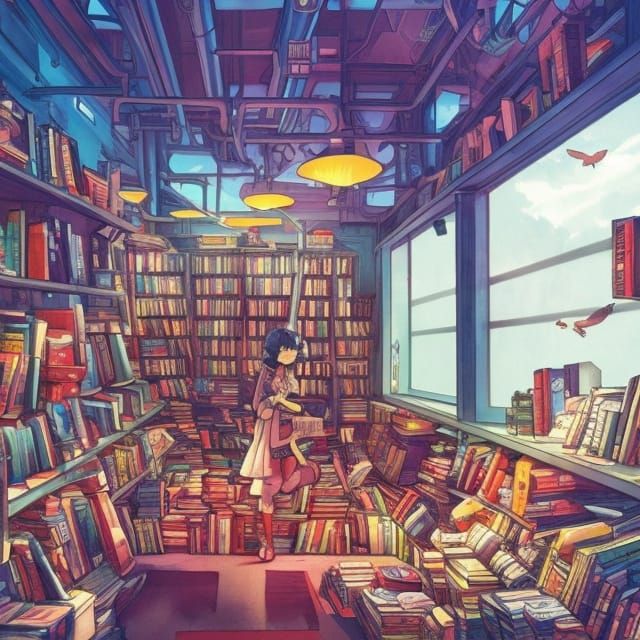 Cyberpunk Bookstore Illustration in Comic Book Style