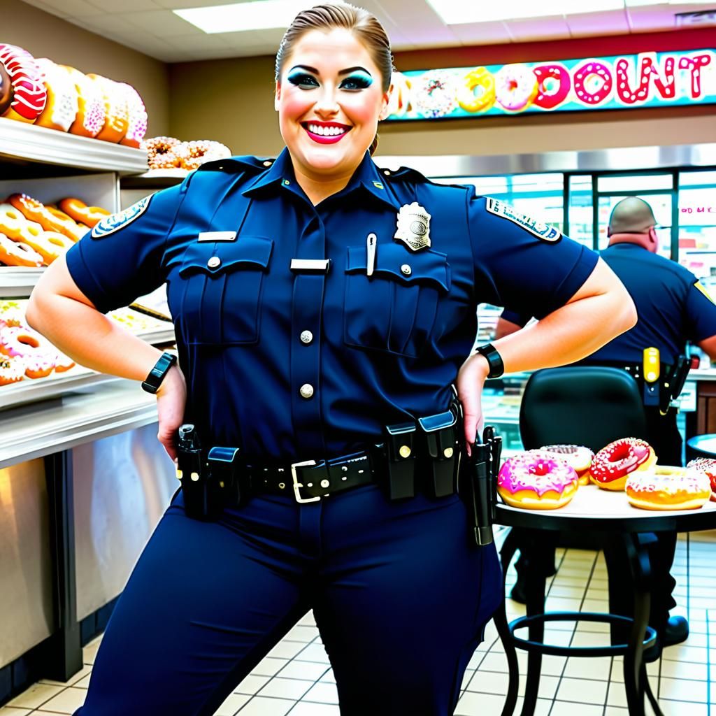 Curvy Police Officer in Donut Shop