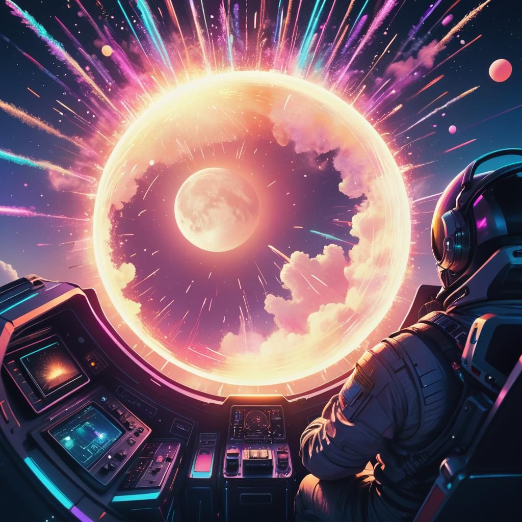 Futuristic Space Cockpit with Fireworks, Digital Art