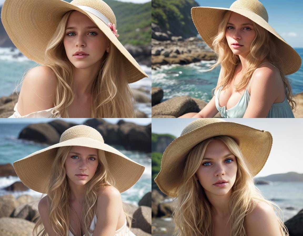 blonde girl in a large sunhat on a rocky beach