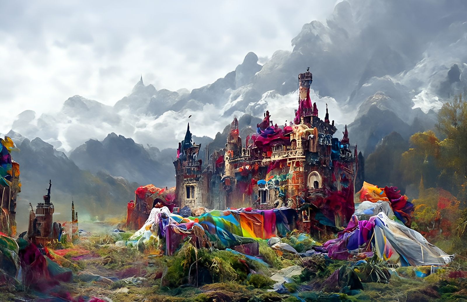 Quilted Fairytale Castle with Auroras, Digital Painting