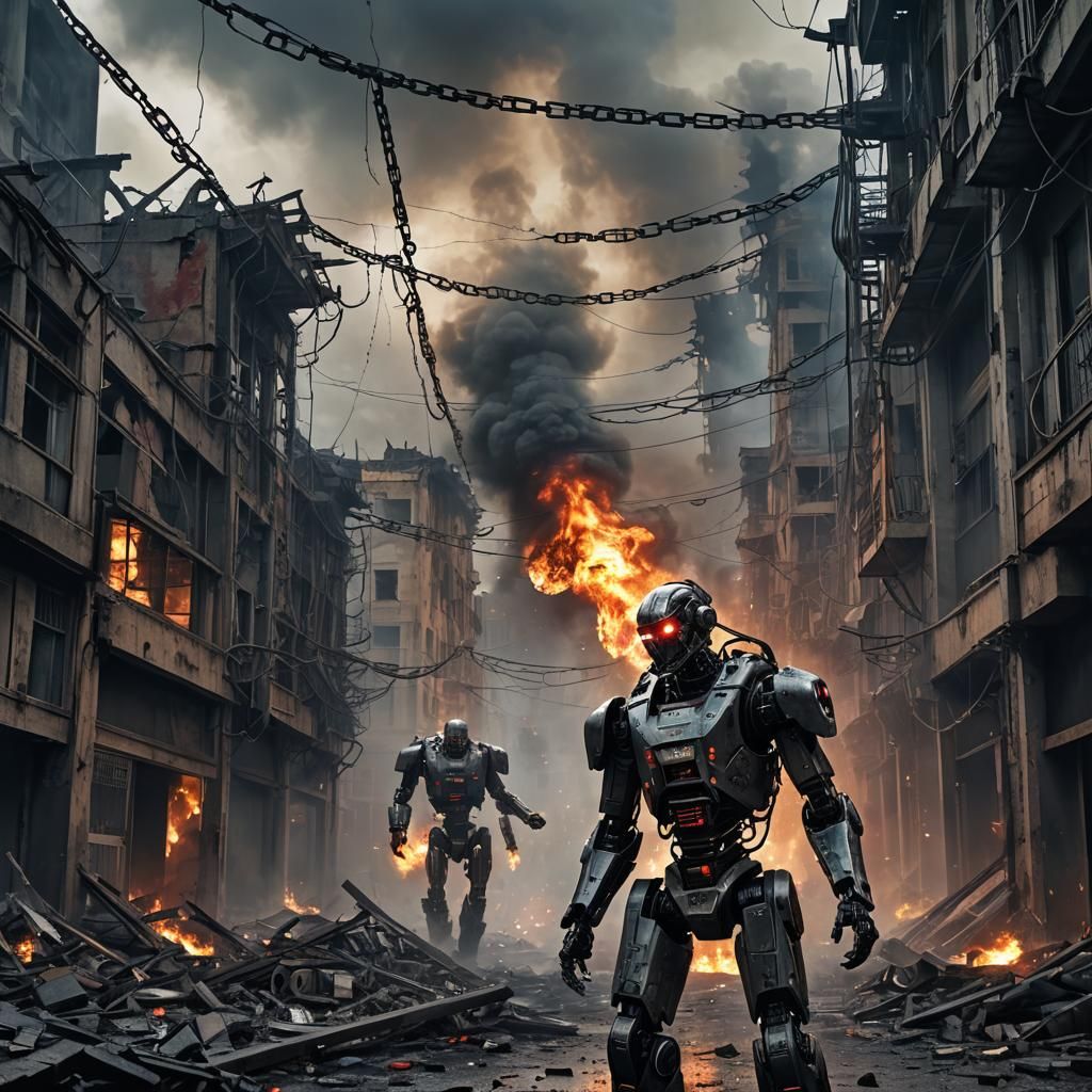Dystopian Cyborg World: Humans Enslaved in Ruins