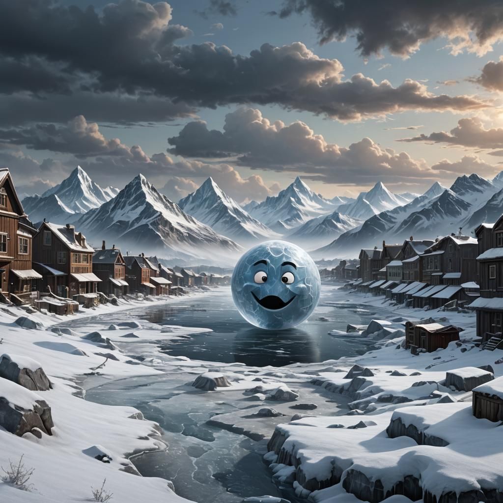 A serene digital artwork depicting a frozen planet Earth portraying a funny face