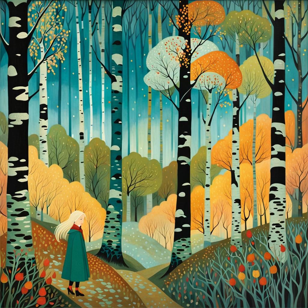 Girl in Birch Forest: Golden Age Illustration