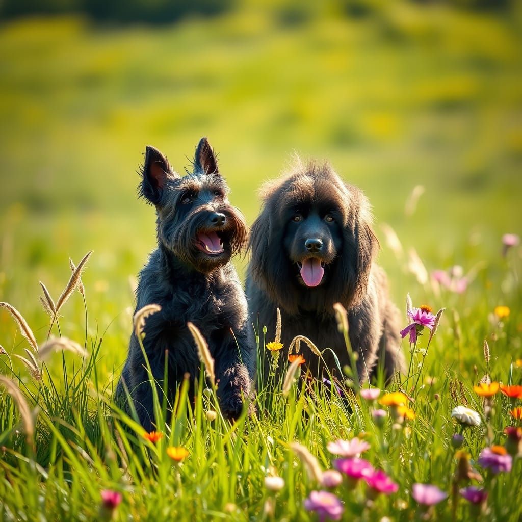Giant Schnauzer and Newfoundland Play in Lush Summer Meadow