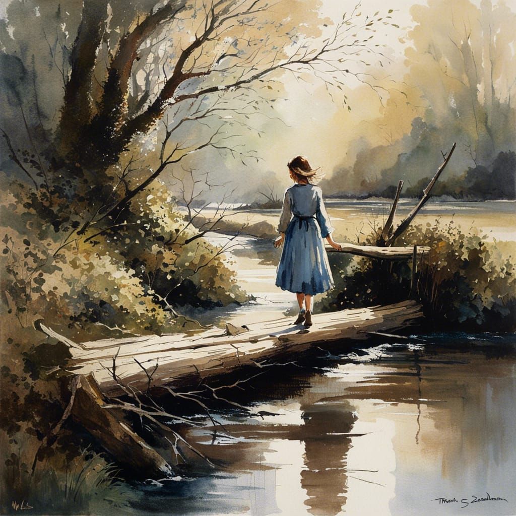 Girl Walks Creek Bridge: Impressionistic Landscape Art