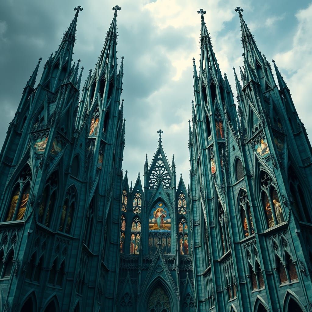 Turquoise Gothic Cathedral with Surreal Architecture