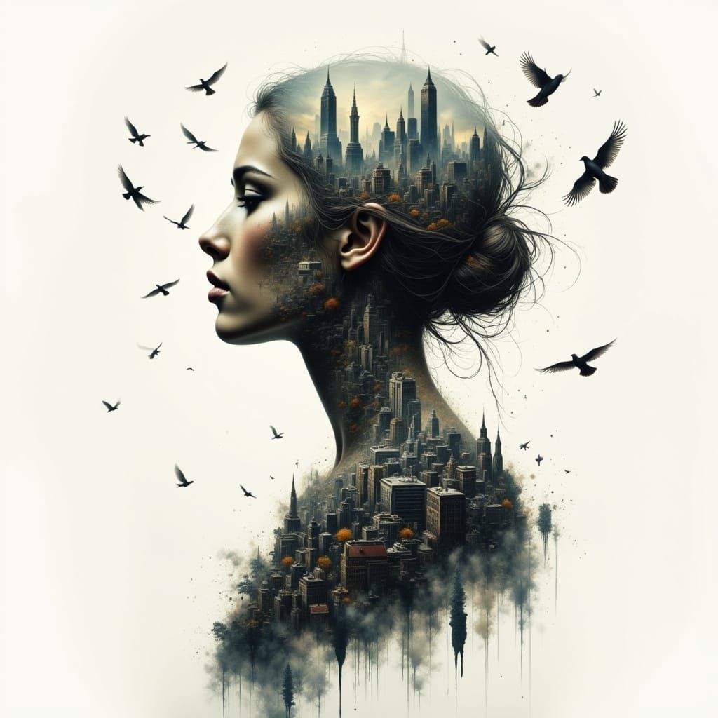 Ethereal Profile in Cityscape, Double Exposure