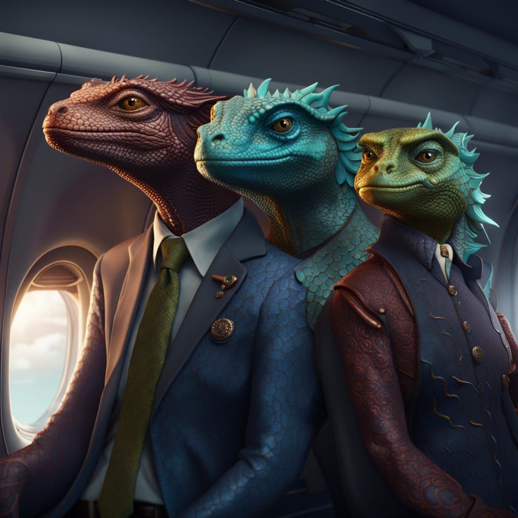 Lizard People on Airline Flight: Detailed Matte Painting