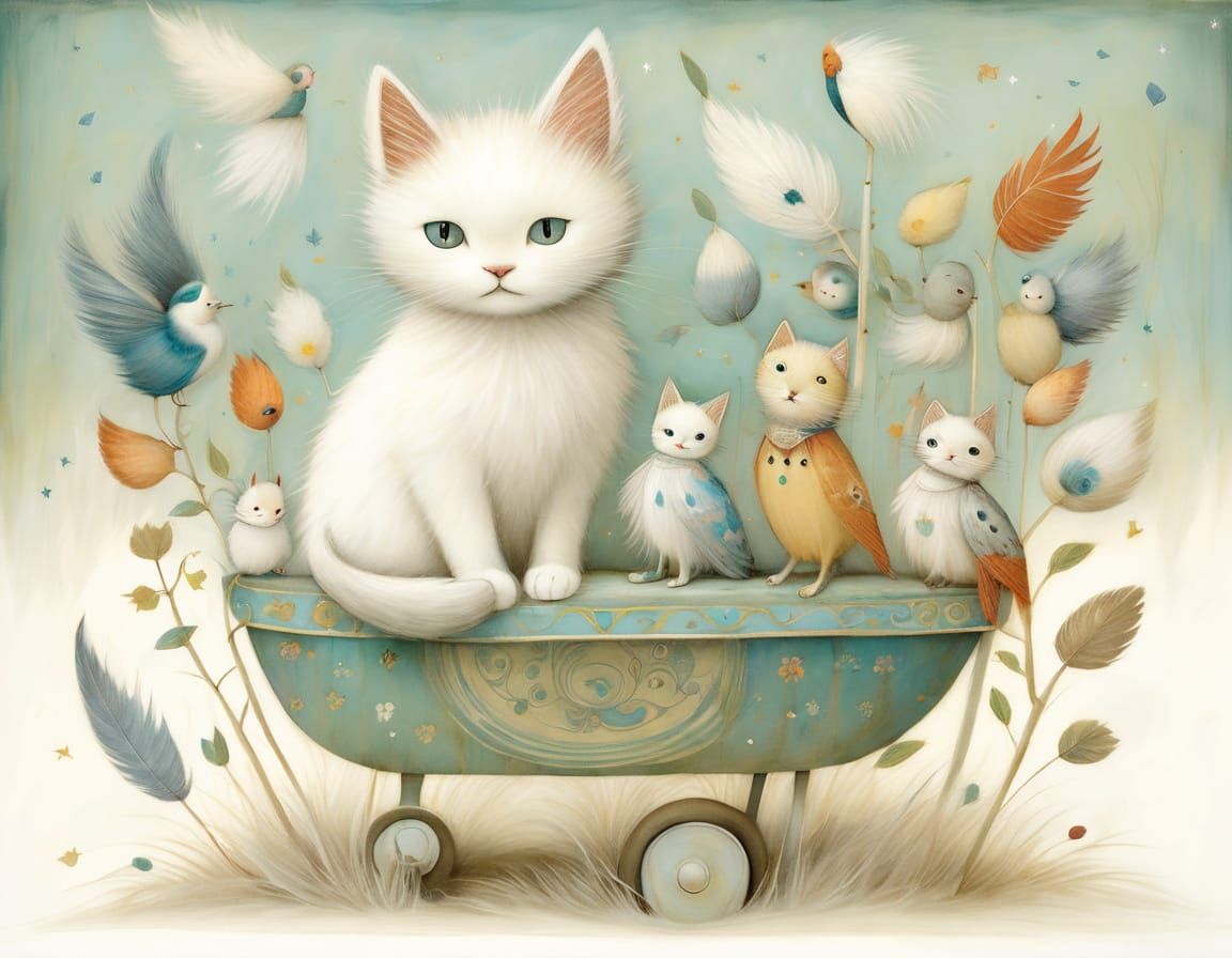 Whimsical Kitten in a Joyful Avian Landscape