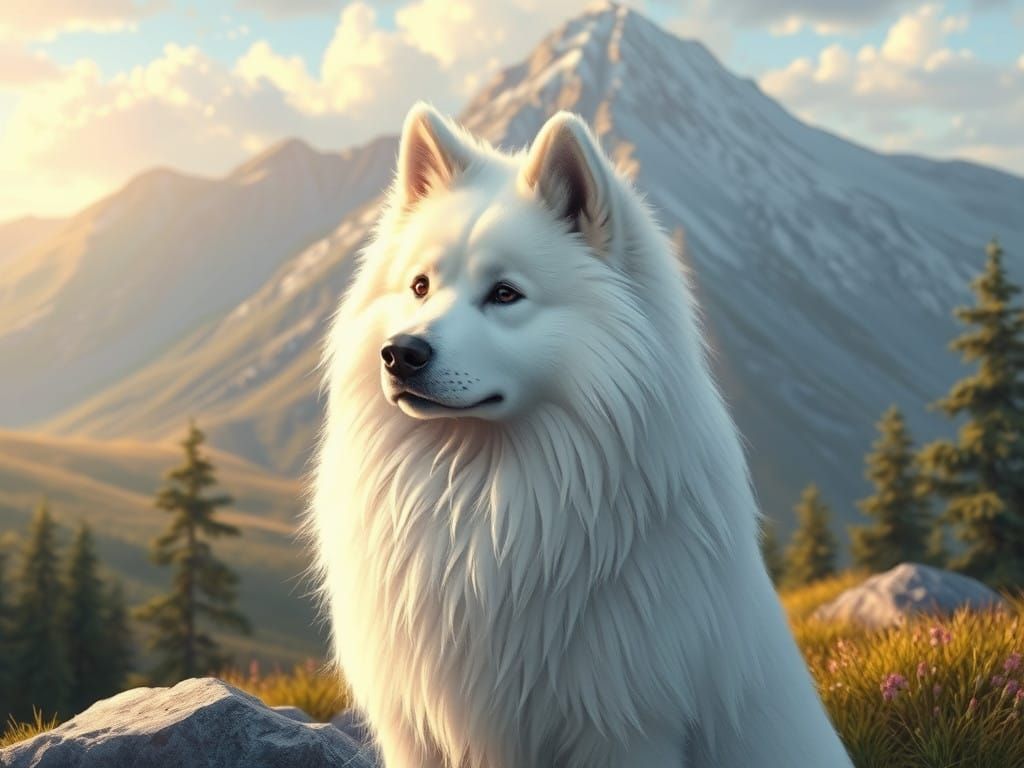 Cottagecore Mountainscape with Adorable Samoyed in Whimsical...