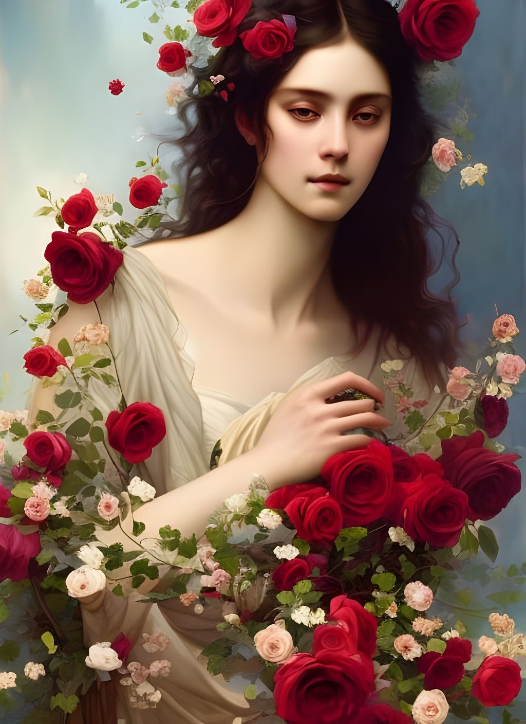 Majestic Virgin Portrait with Roses in Art Nouveau Style