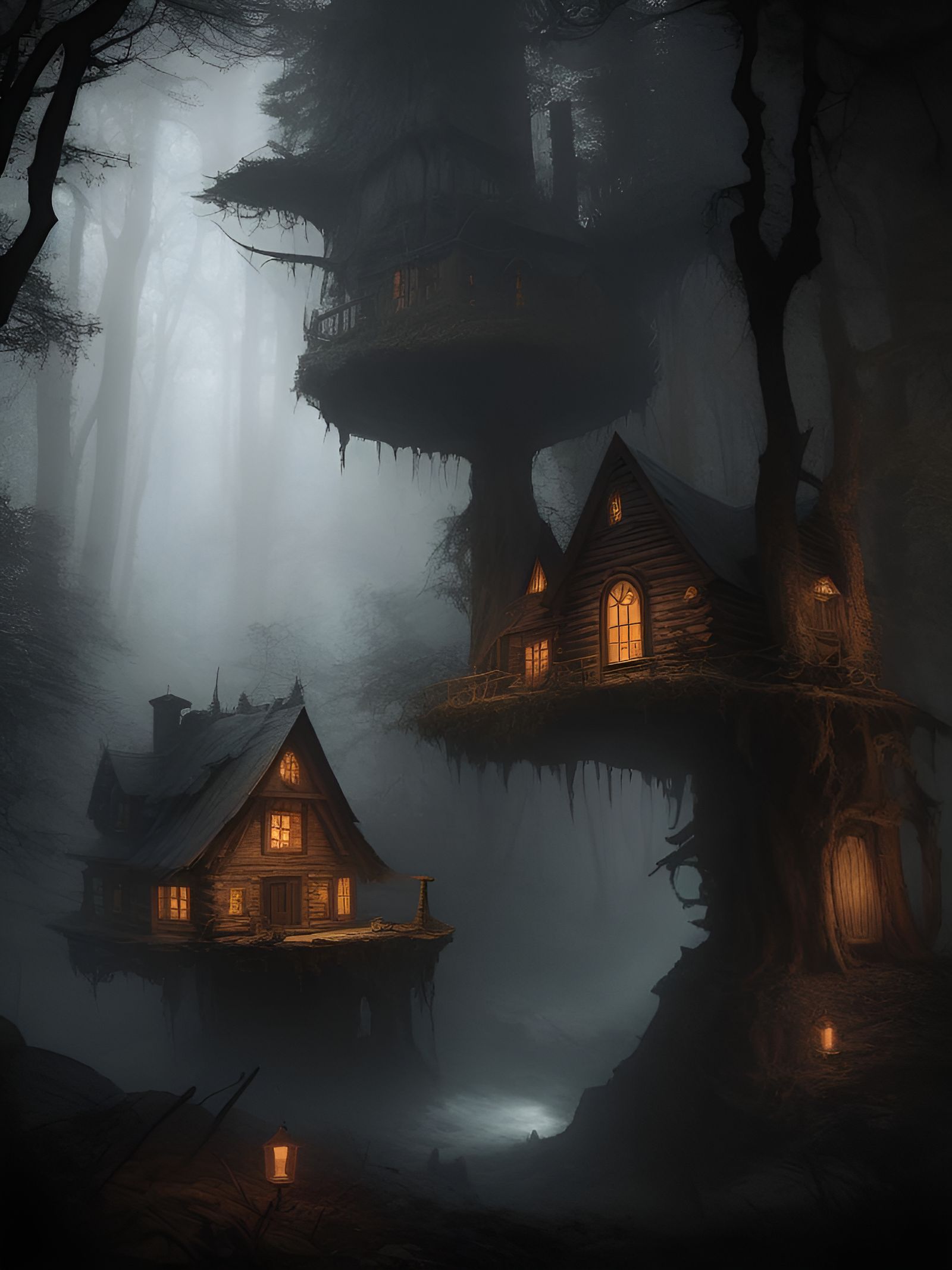 Eerie Cabin in Twisted Dark Woods: Fantasy Art