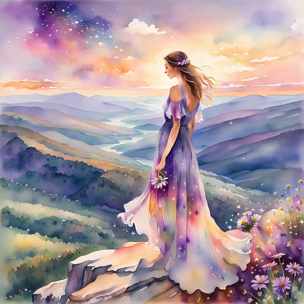 Woman Gazing at Landscape in Watercolor Style