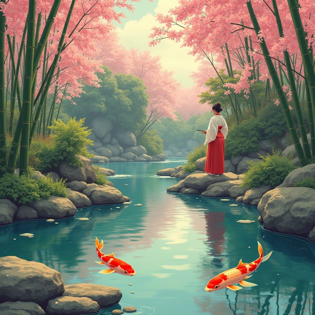 Japanese Garden with Koi Pond in Vintage Style