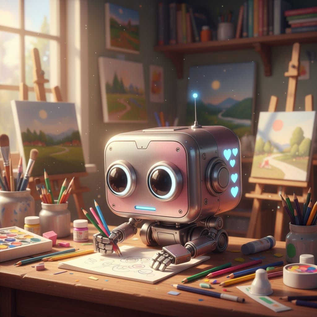 Whimsical Robot Artist in Sunny Studio