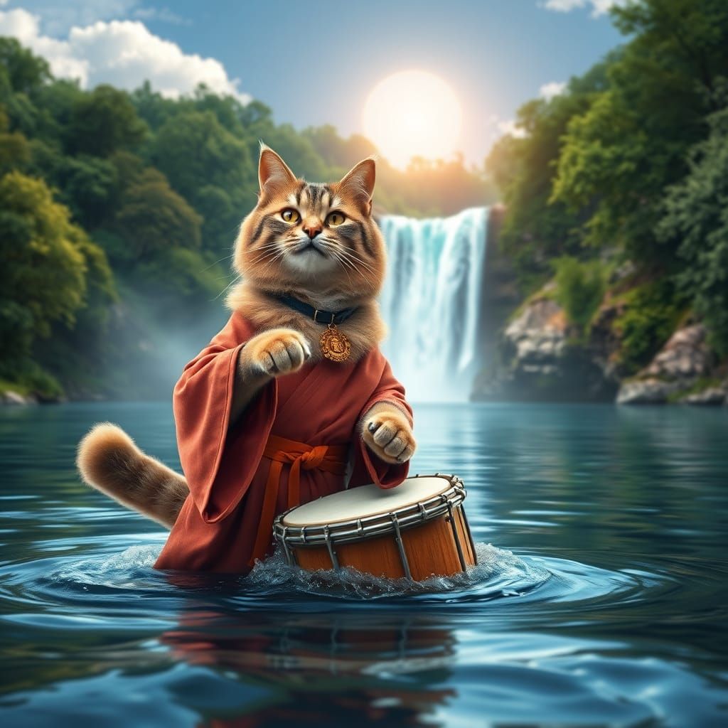 Radiant Cat Drummer in Watercolor Landscape