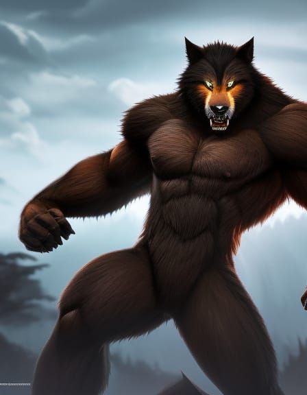 Muscular Werewolf Portrait in Detailed Digital Painting